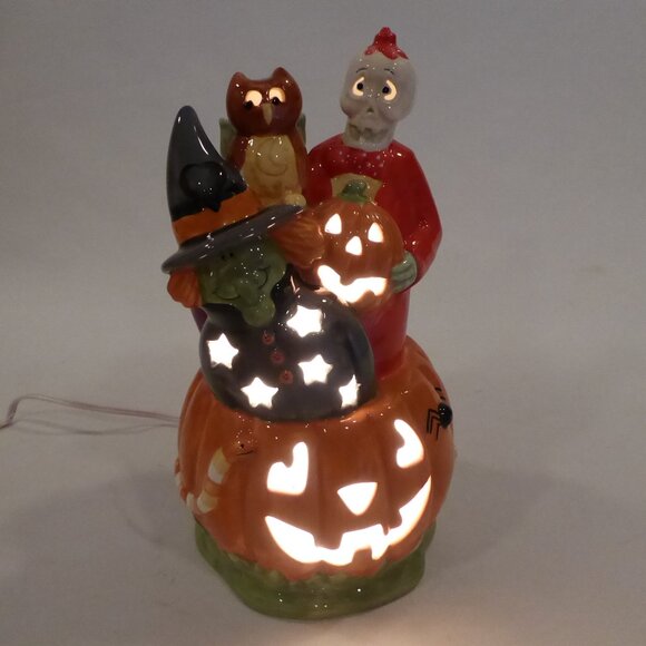 NEW 10” HALLOWEEN PUMPKIN WITCH SKELETON DRACULA CERAMIC ELECTRIC LAMP - Picture 2 of 16